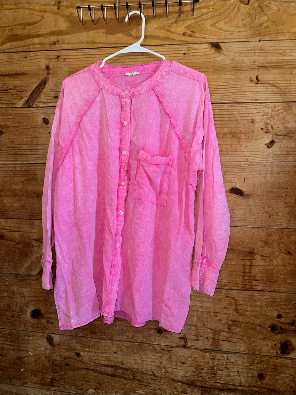 Easel Soft Casual Button-Front Long-Sleeve Top Frayed hem